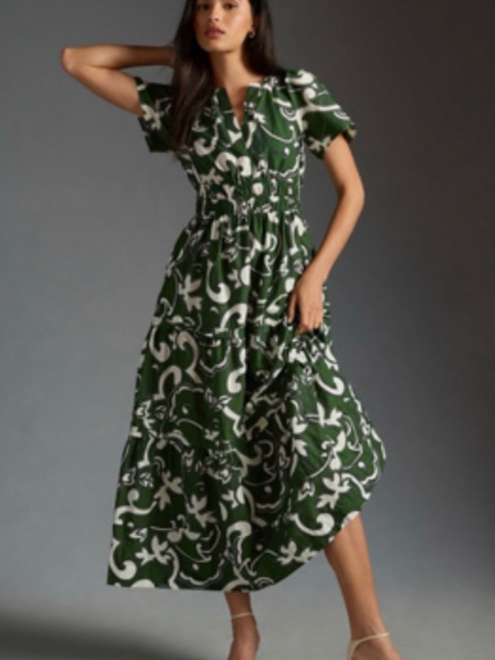 Anthropologie Somerset Forest Green and White Printed Tiered Maxi Dress